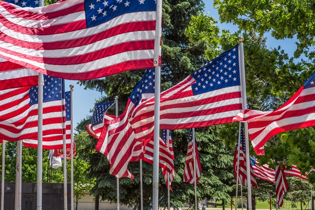 multiple American flags waving in the breeze