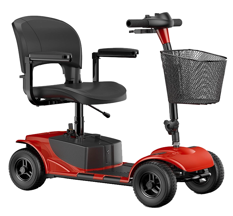 red mobility scooter with a basket attached to the front